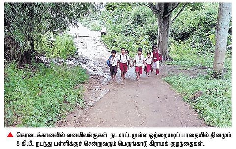 வனவிலங்குகள் நடமாட்டம் மிகுந்த காட்டுப் பாதையில் 8 கி.மீ. நடந்து சென்று படிக்கும் குழந்தைகள்