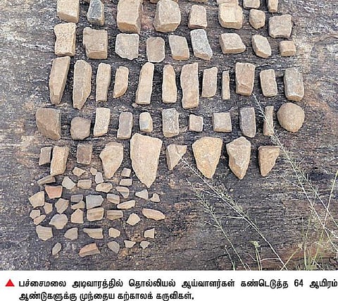 64 ஆயிரம் ஆண்டுகளுக்கு முன்பு பழநி பச்சை மலையில் வாழ்ந்த கற்கால மனிதர்கள்: கற்காலக் கருவிகள் கண்டுபிடிப்பு