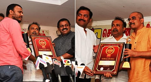 தி இந்து குழும இதழியலாளர்கள் பரத்வாஜ் ரங்கன், இசக்கிமுத்து கவுரவிப்பு