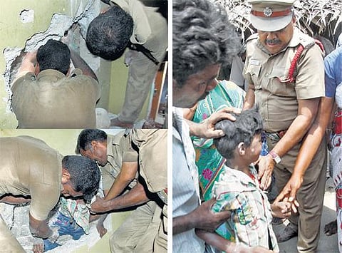 2 சுவர்களுக்கு இடையே சிக்கிய சிறுவன் மீட்பு