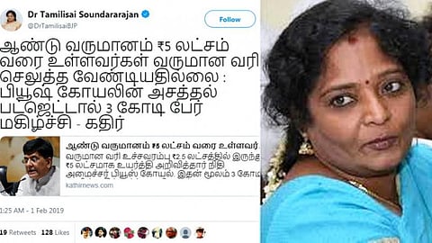 ரூ.5 லட்சம் வருமானவரி உச்சவரம்பு விலக்கு; தமிழிசை மகிழ்ச்சி ட்வீட்: விமர்சிக்கும் நெட்டிசன்கள்