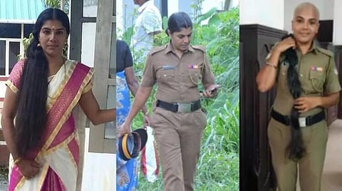 கூந்தலுடன் இருக்கும் கேரள போலீஸ் அதிகாரி அபர்ணா லவக்குமார். (அடுத்த படம்) தானம் செய்யப்பட்ட கூந்தலுடன் அபர்ணா. படம்: பிடிஐ