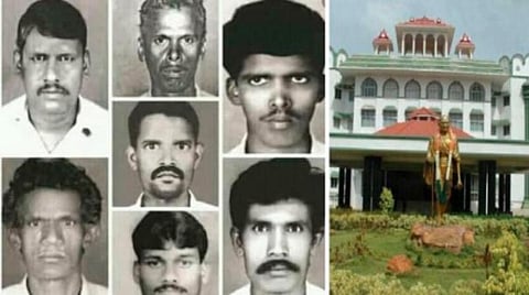 படுகொலையான 7 பேர் (இடது) உயர் நீதிமன்ற மதுரை கிளை (வலது)