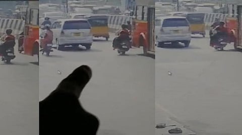 அண்ணா சாலையில் கவிழ்ந்த இருசக்கர வாகனம்: பேருந்தில் சிக்கி கணவருடன் சென்ற பெண் பலி