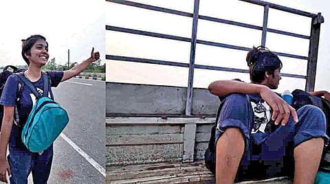 லிப்டு கேட்கும் உமா ராய் (அடுத்த படம்) திறந்த வாகனத்தில் பயணம்.