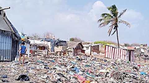 சுனாமியால் பாதிக்கப்பட்டு உடைமைகளை இழந்த நிலையில், காசிமேடு அண்ணாநகர் கடலோரப் பகுதியில் அசுத்தமான சூழலில் அமைந்துள்ள மீனவர்களின் குடிசைகள்.படம்: ச.கார்த்திகேயன்