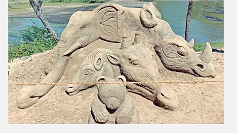 காணும் பொங்கலை முன்னிட்டு நாகை புதிய கடற்கரையில் நாகூர் தேசிய மேல்நிலைப் பள்ளி வரலாற்று ஆசிரியர் முத்துக்குமார் வடிவமைத்த யானை, காண்டாமிருகம், டைனோசர் போன்ற வனவிலங்குகளின் மணல் சிற்பங்கள்