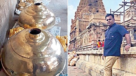 பெரிய கோயில் குடமுழுக்குக்காக தங்க முலாம் பூசப்பட்ட கலசங்கள் | அடுத்தப் படம்: எஸ்.ஸ்ரீகுமார்