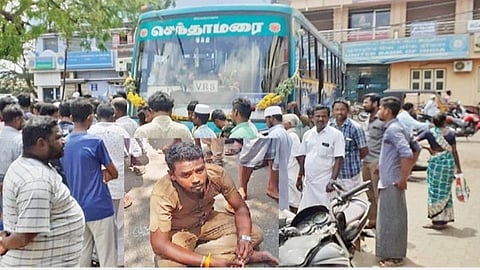 இளையான்குடி பஜார் பகுதியில் தாறுமாறாக ஓடிய பேருந்தை சிறைபிடித்த மக்கள்: குடிபோதையில் இருந்த ஓட்டுநருக்கு அடி, உதை
