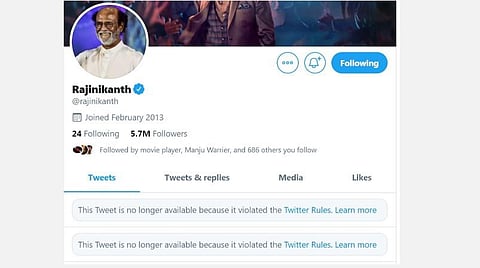 ரஜினியின் வீடியோவைத் தொடர்ந்து ட்வீட்டையும் நீக்கியது ட்விட்டர் தளம்: ரசிகர்கள் கொந்தளிப்பு