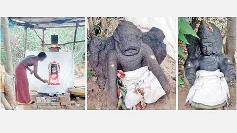 நாகை மாவட்டம் மயிலாடுதுறை அடுத்த திருக்கடையூர் அருகே அடியமங்கலத்தில் பூமியில் புதைந்த நிலையிலிருந்து மீட்டு மக்கள் வழிபட்டு வரும் சிவலிங்கம். (அடுத்தடுத்த படங்கள்) மீட்கப்பட்ட யோக நரசிம்மர், சூரியனார் சிலைகள்.