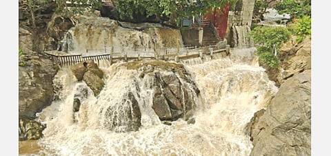 நீர்வரத்து அதிகரித்ததால் ஒகேனக்கல் பிரதான அருவியில் ஆர்ப்பரித்தபடி கொட்டும் தண்ணீர்.