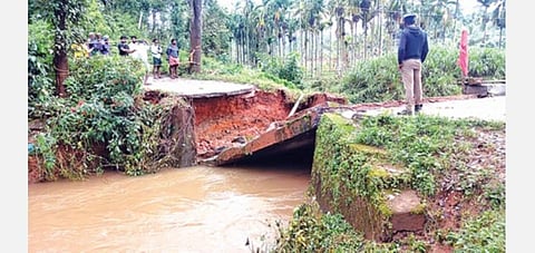 கனமழையால் சேதமடைந்த புளியம்பாறை-கோழிக்கொல்லி பழங்குடியினர் கிராமத் துக்கு செல்லும் நடைபாலம்.