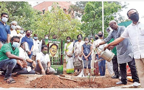 கோவை சிறுதுளி அலுவலக வளாகத்தில், ‘எஸ்.பி.பி. வனம்’ அமைக்கும் நிகழ்ச்சி யில் பங்கேற்றோர். படம் : ஜெ.மனோகரன்.