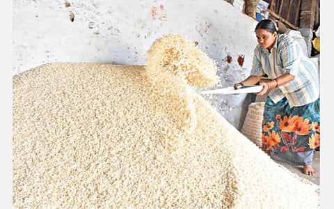 ஈரோடு சூளை பகுதியில் பொரி தயாரிப்புப் பணியில் ஈடுபட்டுள்ள பெண் தொழிலாளி.