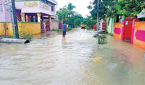கூடுவாஞ்சேரி மகாலட்சுமி நகரில் கரைபுரண்டு ஓடும் மழைநீர்.