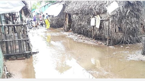 திருநள்ளாறு அரங்கநகரில் குடியிருப்புப் பகுதியில் தேங்கியுள்ள மழை நீர்