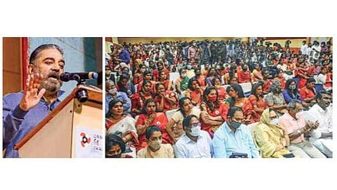 சென்னையில் நேற்று நடந்த மக்கள் நீதி மய்யம் கட்சியின் மகளிரணி கூட்டத்தில் பேசுகிறார் கமல்ஹாசன். படங்கள்: பு.க.பிரவீன்