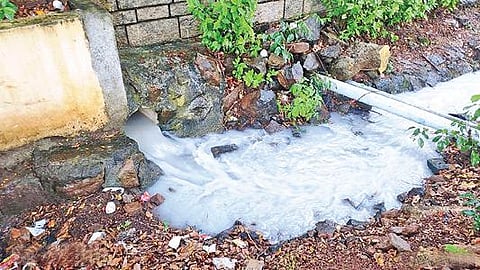 மறைமலைநகரில் உள்ள தனியார் தொழிற்சாலையில் இருந்து சாலையில் வெளி யேற்றப்படும் வேதிப்பொருள் கலந்த கழிவுநீர்.