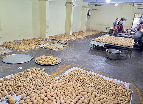 ஆஞ்சநேயர் ஜெயந்தி விழாவுக்கு வரும் பக்தர்களுக்கு வழங்குவதற்காக சுசீந்திரம் கோயிலில் லட்டு தயார் செய்யும் பணி நடைபெற்றது.