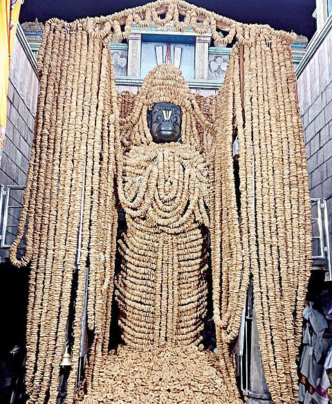 அனுமன் ஜெயந்தியை முன்னிட்டு நாமக்கல் ஆஞ்சநேயர் கோயிலில் சுவாமி 1 லட்சத்து 8 வடை மாலை அலங்காரத்தில் பக்தர்களுக்கு அருள்பாலித்தார்.