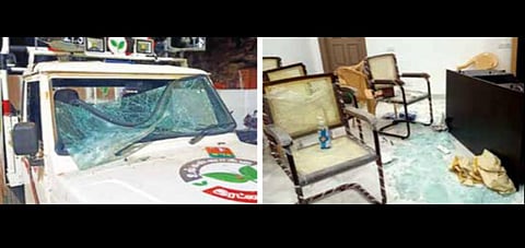 கடலூர் அதிமுக அலுவலகத்தில் சேதப்படுத்தப்பட்ட அமைச்சர் எம்.சி.சம்பத்தின் பிரச்சார வாகனம். அடுத்த படம்: அமைச்சர் அறையில் உள்ள கண்ணாடி மேஜை உள்ளிட்ட பொருட்கள் உடைத்து நொறுக்கப்பட்டது.