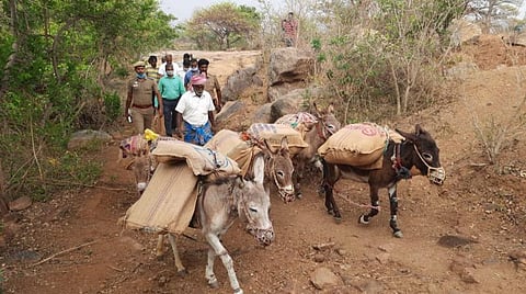 தருமபுரி மலை கிராமங்களுக்கு கழுதைகள் மீது ஏற்றிச் செல்லப்பட்ட வாக்குப்பதிவு இயந்திரங்கள்