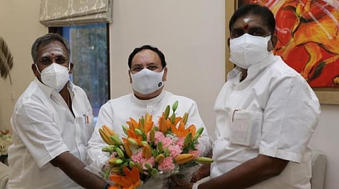 புதுச்சேரி மாநில சட்டப்பேரவை பாஜக தலைவர் நமச்சிவாயமும், பாஜக பொதுச் செயலாளர் எம்எல்ஏ ஏம்பலம் செல்வமும் டெல்லி சென்று பாஜக தேசிய தலைவர் நட்டாவை நேற்று சந்தித்தனர்.