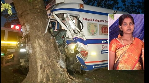 சாலையோர மரத்தில் மோதி விபத்துக்குள்ளான ஆம்புலன்ஸ். | உள் படம்: விபத்தில் உயிரிழந்த ஜெயலட்சுமி.