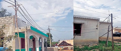 எலவனாசூர்கோட்டையை அடுத்த அரும்பலவாடி கிராமத்தில் தாழ்வாக செல்லும் மின்கம்பிகளுக்கு சவுக்கு மரங்களை முட்டுக் கொடுத்திருக்கும் வீட்டின் உரிமையாளர்
