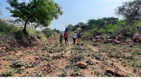 உடுமலை அருகே பொன்னாலம்மன் சோலை பகுதியில் தனியாரால் ஆக்கிரமிப்பு செய்யப்பட்டுள்ள அரசு புறம்போக்கு நிலம்.