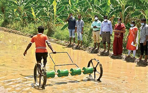 வல்லநாடு அருகே நாணல்காடு கிராமத்தில் நேரடி விதைப்பு கருவி மூலம் விவசாயி நெல் விதைப்பு செய்ததை வேளாண்மை அதிகாரிகள் ஆய்வு செய்தனர். படம்: என்.ராஜேஷ்.