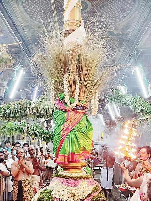 சங்கரன்கோவில் சங்கரநாராயண சுவாமி கோயிலில் ஆடித்தபசு திருவிழா கொடியேற்றத்தை தொடர்ந்து கொடிமரத்துக்கு தீபாராதனை நடைபெற்றது.