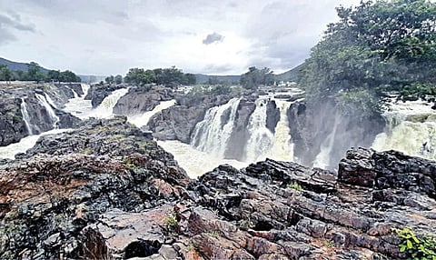 கர்நாடக மாநில அணைகளில் இருந்து உபரிநீர் திறக்கப்பட்டதைத் தொடர்ந்து நீர்வரத்து அதிகரிப்பால் ஒகேனக்கல் ஐந்தருவியில் (ஐவர் பாணி) ஆர்ப்பரித்துக் கொட்டும் தண்ணீர்.