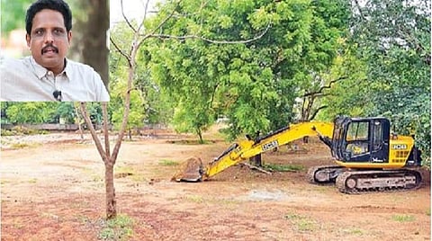 மதுரை - நத்தம் சாலையில் கலைஞர் நூலகம் அமையவுள்ள இடத்தில் மரங்களை அகற்றி வேறு இடத்தில் நடுவதற்காக பொக்லைன் மூலம் பள்ளம் தோண்டும் பணி நடக்கிறது. படம்: எஸ். கிருஷ்ணமூர்த்தி | உள் படம்: மதுரை எம்.பி. சு.வெங்கடேசன்.