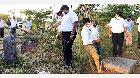 கரூரில் 9-ம் நூற்றாண்டைச் சேர்ந்த கல்வெட்டு, சிலைகள் மீட்பு: மாவட்ட ஆட்சியர் நேரில் ஆய்வு