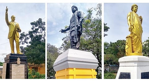 தமிழக முதல்வர் மு.க.ஸ்டாலின் உத்தரவிட்டும் குடியரசு தினத்தில் சென்னை மாவட்ட ஆட்சியர் அலுவலகம் அருகில் உள்ள டாக்டர் அம்பேத்கர் சிலை, வ.உ.சிதம்பரனார் சிலை, விவேகானந்தர் இல்லம் அருகில் உள்ள அன்னி பெசன்ட் அம்மையார் சிலைகளுக்கு மாலை அணிவிக்கப்படவில்லை. படங்கள்: ச.கார்த்திகேயன்