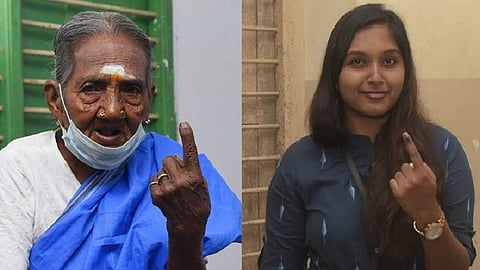 இடது: சேலத்தில் வாககளித்த 97 வயது மூதாட்டி சவுண்டம்மாள், வலது: காட்பாடியில் வாக்களித்த முதல் முறை வாக்காளர். | படங்கள் எஸ்.குருபிரசாத், வி.எம்.மணிநாதன்.