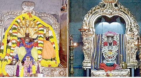 கும்பகோணம் அருகே உள்ள திருநாகேஸ்வரம் நாகநாத சுவாமி கோயில் ராகு சன்னதியில் ராகு பெயர்ச்சி விழாவை ஒட்டி நேற்று தங்கக்கவசம் அணிந்து அருள்பாலித்த ராகு பகவான். (அடுத்த படம்) மயிலாடுதுறை மாவட்டம் சீர்காழியை அடுத்த கீழப்பெரும்பள்ளம் நாகநாத சுவாமி கோயிலில் கேது பெயர்ச்சியை முன்னிட்டு சிறப்பு அலங்காரத்தில் அருள்பாலித்த கேது பகவான்.