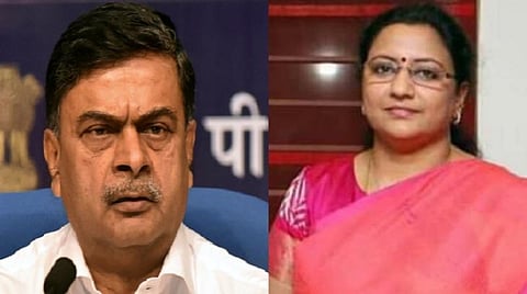 மத்திய மின்துறை அமைச்சர் ஆர்.கே. சிங் (இடது); திமுக எம்.பி. கனிமொழி சோமு (வலது)