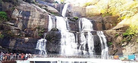 மலைப்பகுதியில் பெய்த மழையால் குற்றாலம் பிரதான அருவியில் தண்ணீர் ஆர்ப்பரித்து கொட்டியது.