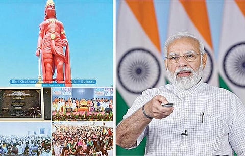 ஹனுமன் ஜெயந்தியை முன்னிட்டு, குஜராத்தின் மோர்பி நகரில், 108 அடி உயர ஆஞ்சநேயர் சிலையை, பிரதமர் நரேந்திர மோடி நேற்று காணொலி மூலம் திறந்து வைத்தார். படம்: பிடிஐ