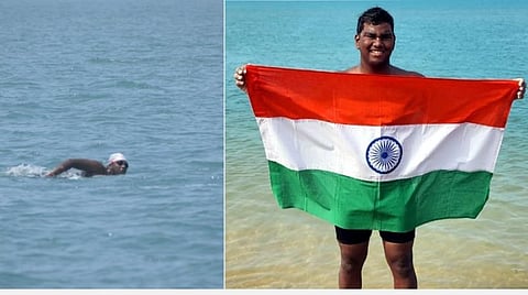 பாக் ஜலசந்தி கடலில் நீந்தும் அன்சுமான், தனுஷ்கோடி அரிச்சல்முனையில் தேசியக் கொடியுடன் அன்சுமான்