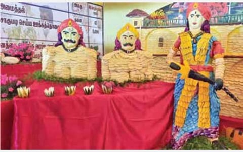 சிங்கம்புணரியில் நடந்த முதல்வர் விழாவில் மருது சகோதரர்கள், வேலு நாச்சியார் உருவங்கள்: காய், கனி மூலம் உருவாக்கிய தோட்டக்கலை துறை