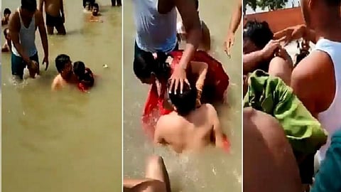 சரயு நதியில் மனைவிக்கு முத்தம் கொடுத்த கணவர் மீது தாக்குதல்: இணையத்தில் வைரலாகும் வீடியோ