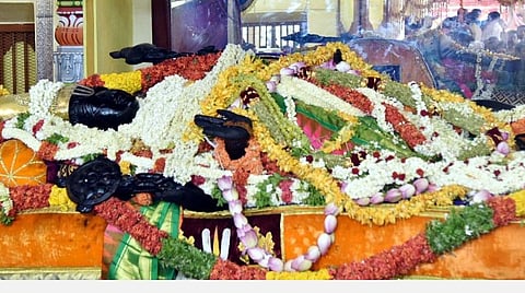16-ம் நாளில் இளம் சிவப்பு நிறப் பட்டாடையில் பக்தர்களுக்கு சயன கோலத்தில் அருள்பாலித்த அத்தி வரதர்.