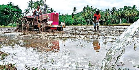 முதல்போக சாகுபடிக்காக, கிருஷ்ணகிரியை அடுத்த எண்ணேகொல்புதூர் கிராமத்தில் நிலத்தை சீர் செய்ய டிராக்டர் மூலம் உழவுப் பணியில் ஈடுபட்டுள்ள விவசாயி.