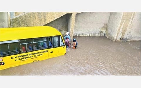 பலத்த மழையால் தண்ணீர் தேங்கியதால் குளம் போல் மாறிய இளையரசனேந்தல் ரயில்வே சுரங்கப்பாதையில் பாதியளவு மூழ்கி நிற்கும் தனியார் பள்ளி வேன்.