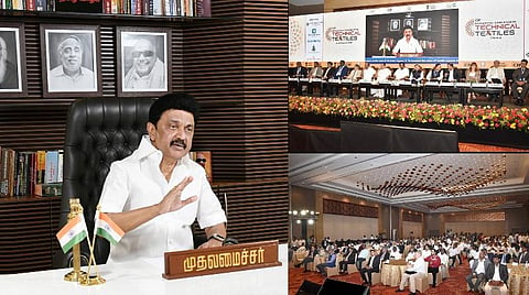 சென்னையில் நேற்று பன்னாட்டு தொழில்நுட்ப ஜவுளி கருத்தரங்கை காணொலி வாயிலாகத் தொடங்கிவைத்து பேசினார் முதல்வர் மு.க.ஸ்டாலின்.