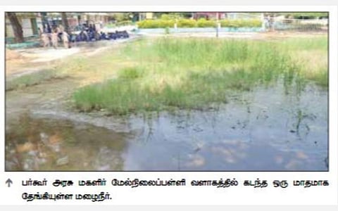 பர்கூர் அரசுப் பள்ளி வளாகத்தில் தேங்கிய மழை நீர்: ஒரு மாதமாகியும் வடியாத தண்ணீரால் அவதி